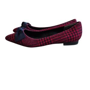 Brooks Brothers Red Fleece Houndstooth Pointed Toe Bow Flats Red Black 8.5
